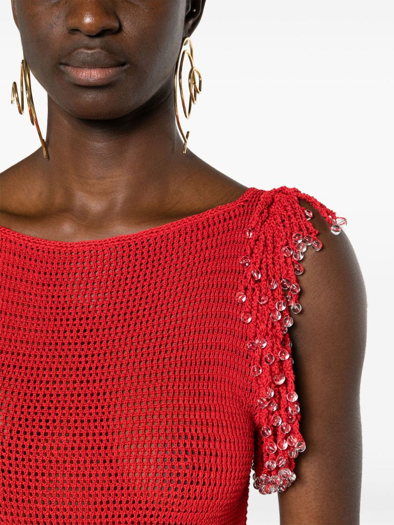 Red Fringed Open-knit Top