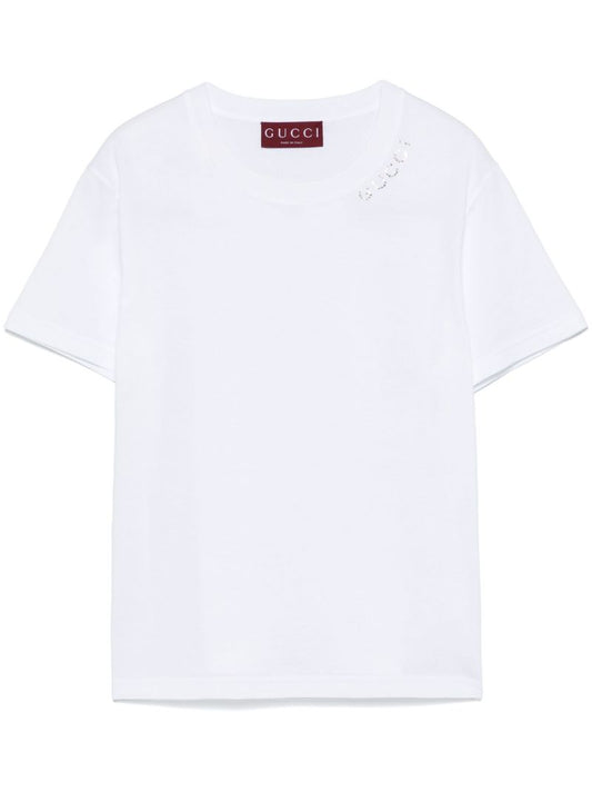 White Rhinestoned-logo Cotton T-shirt