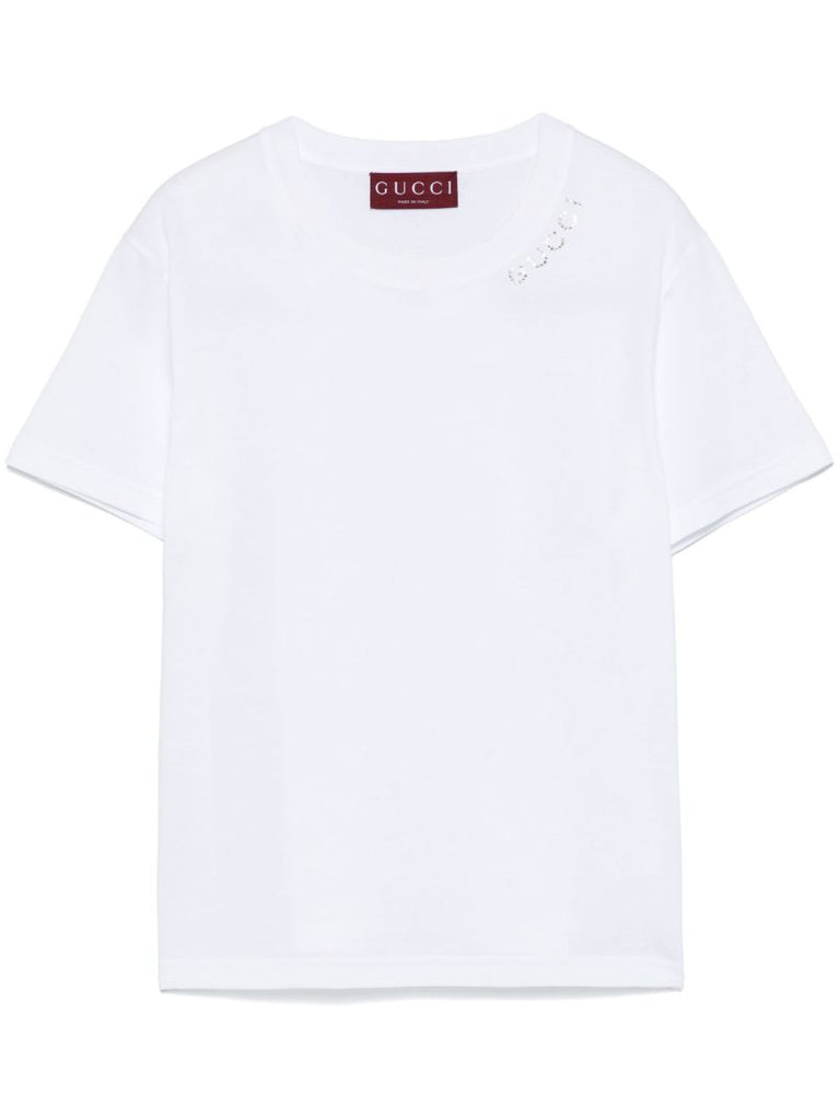 White Rhinestoned-logo Cotton T-shirt