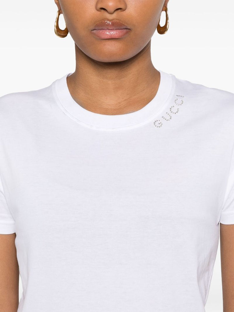White Rhinestoned-logo Cotton T-shirt
