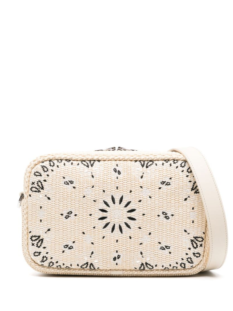 Neutral Bandana-embroidered Raffia Messenger Bag
