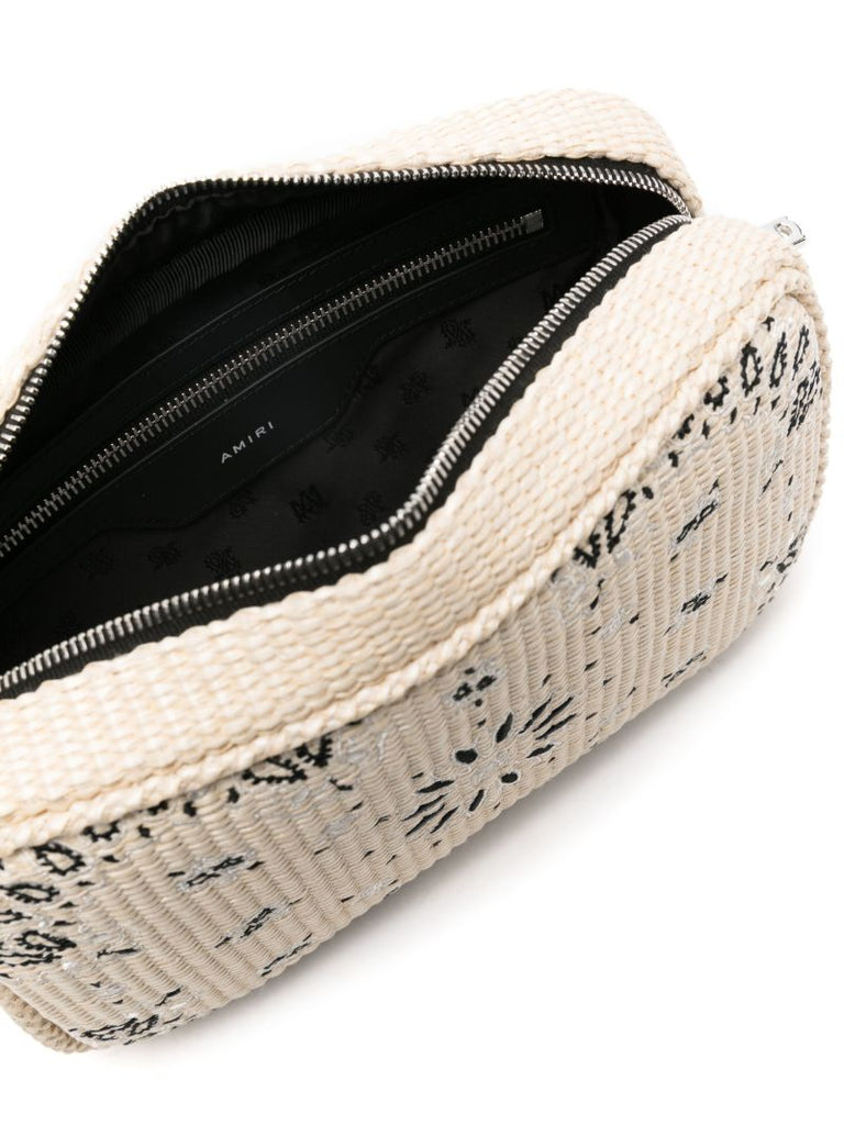 Neutral Bandana-embroidered Raffia Messenger Bag