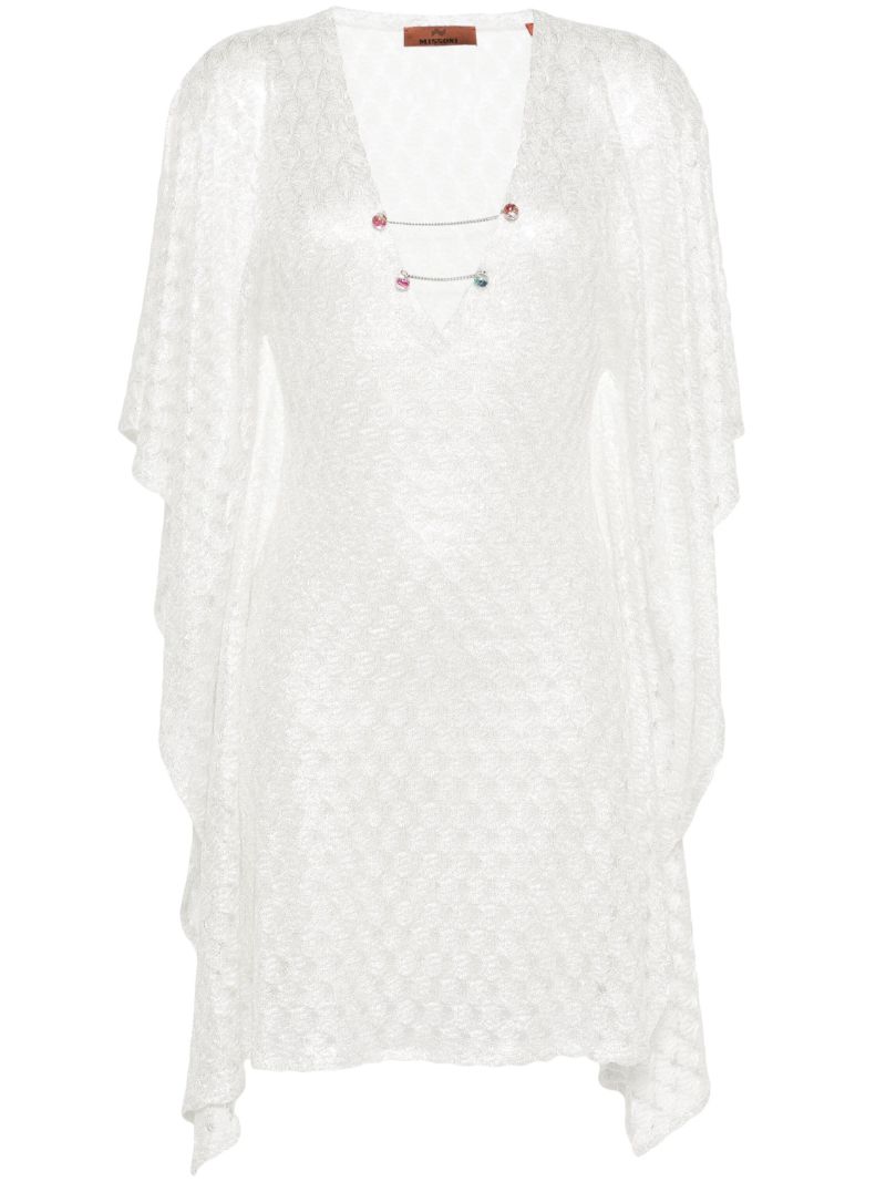 White V-neck Open-knit Dress