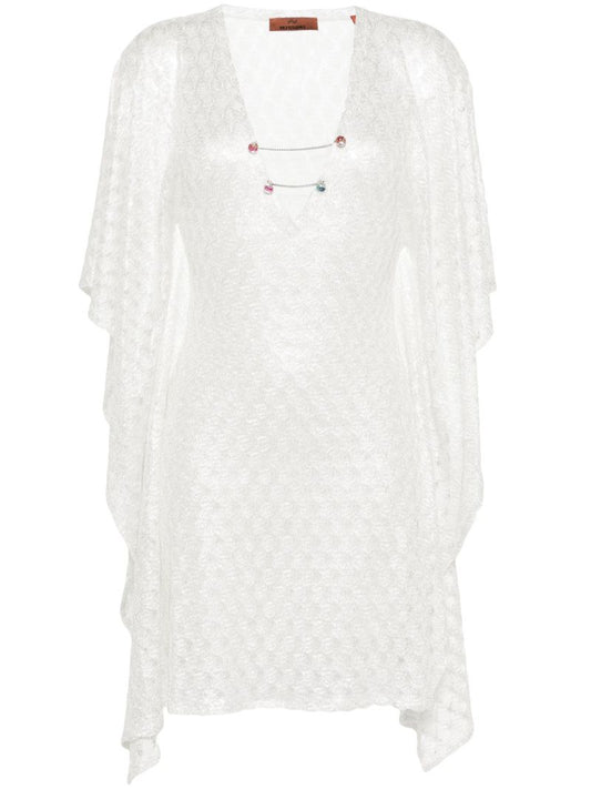 White V-neck Open-knit Dress