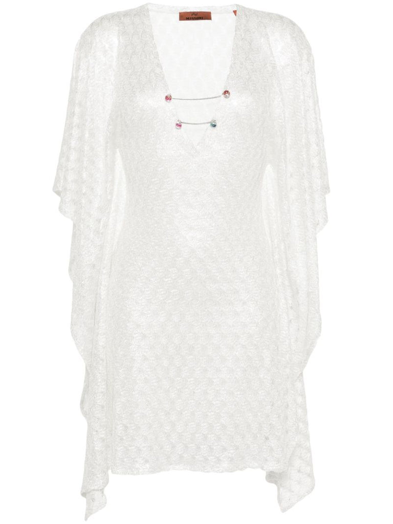 White V-neck Open-knit Dress
