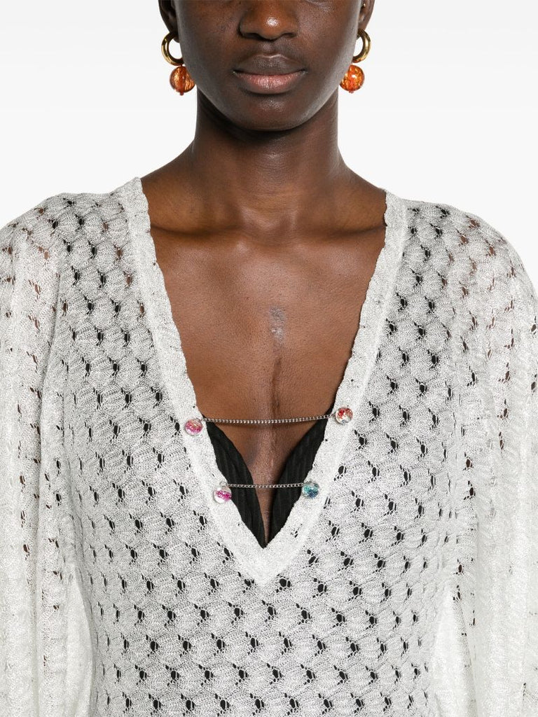 White V-neck Open-knit Dress