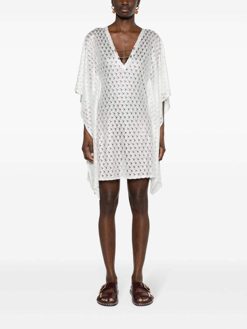 White V-neck Open-knit Dress