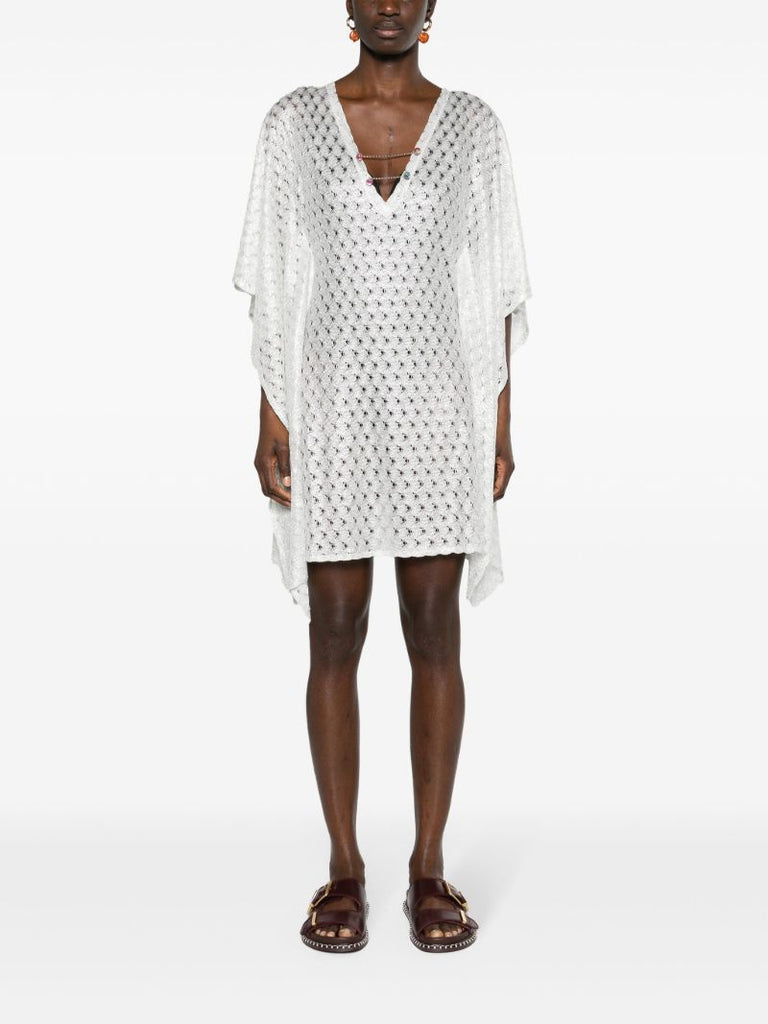 White V-neck Open-knit Dress