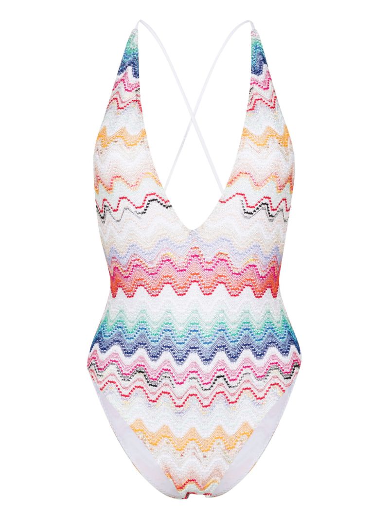 White Zigzag-knit Halterneck Swimsuit