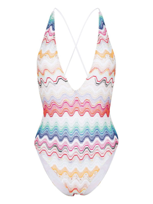 White Zigzag-knit Halterneck Swimsuit