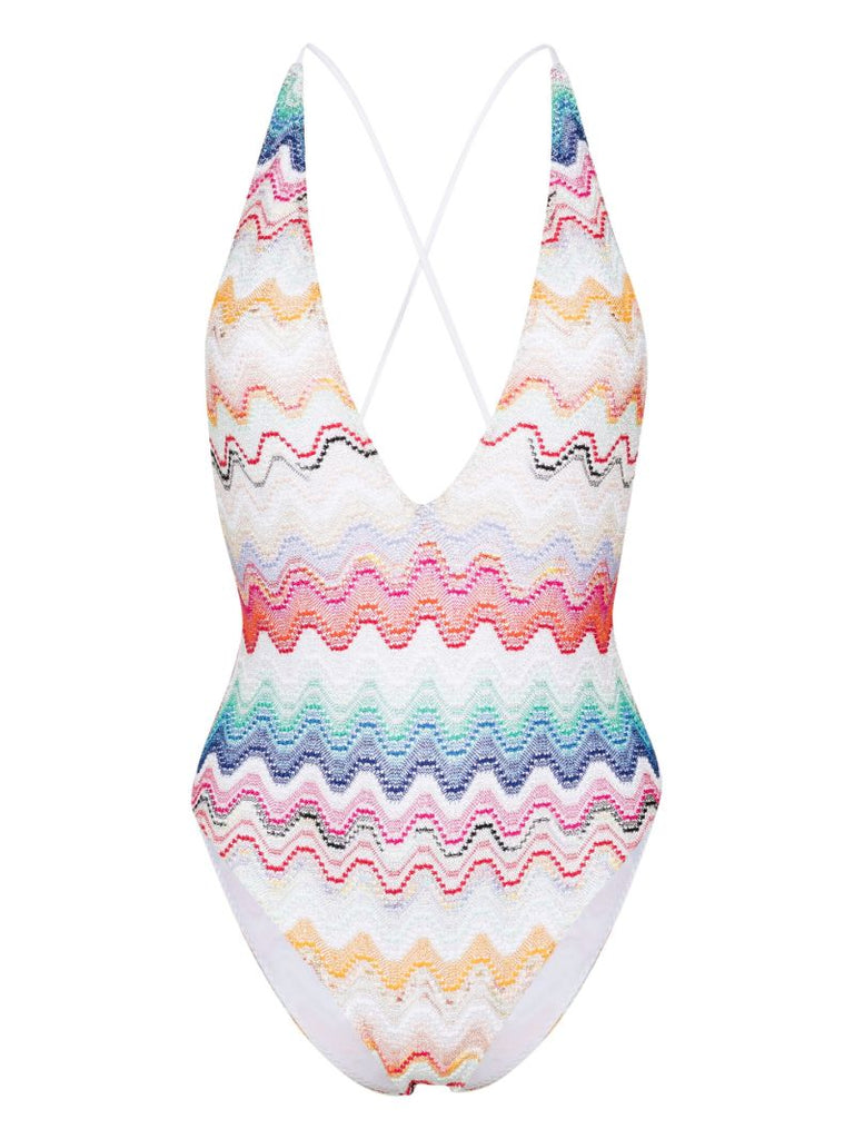 White Zigzag-knit Halterneck Swimsuit