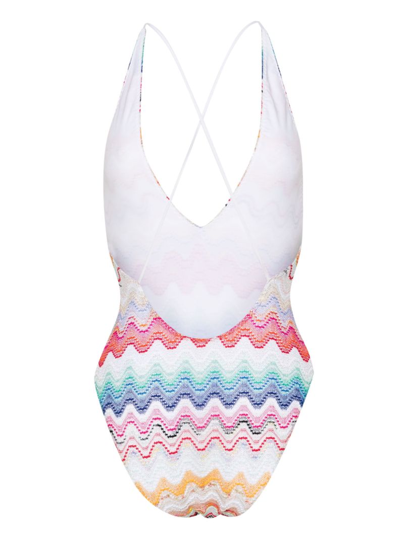 White Zigzag-knit Halterneck Swimsuit