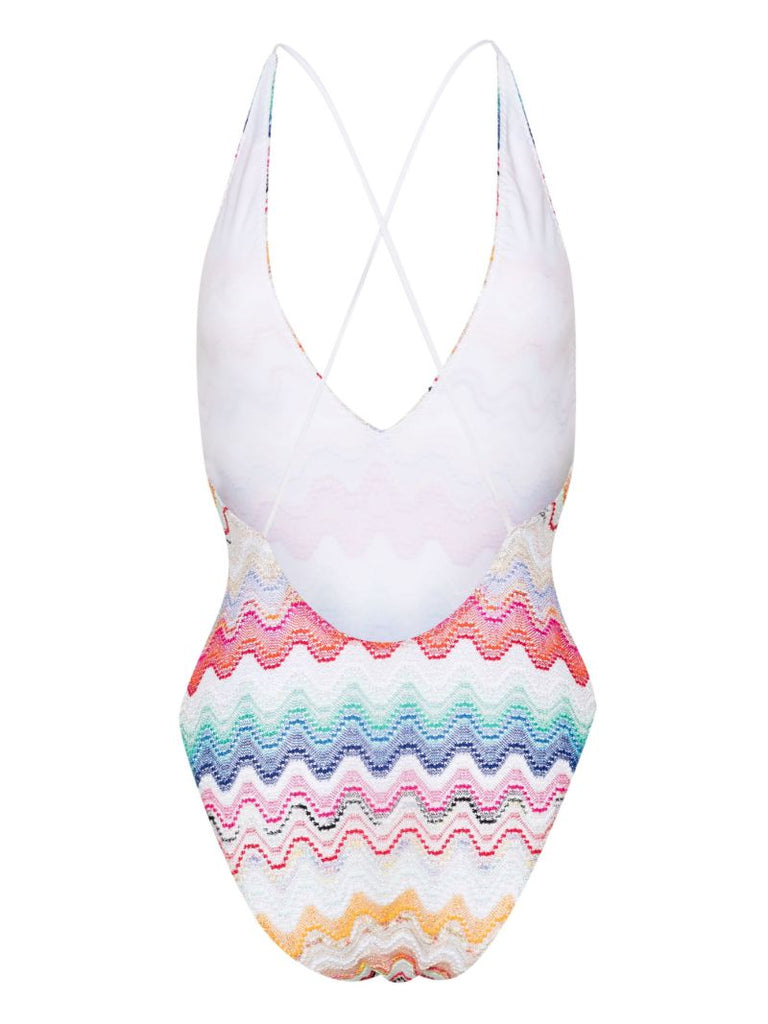White Zigzag-knit Halterneck Swimsuit