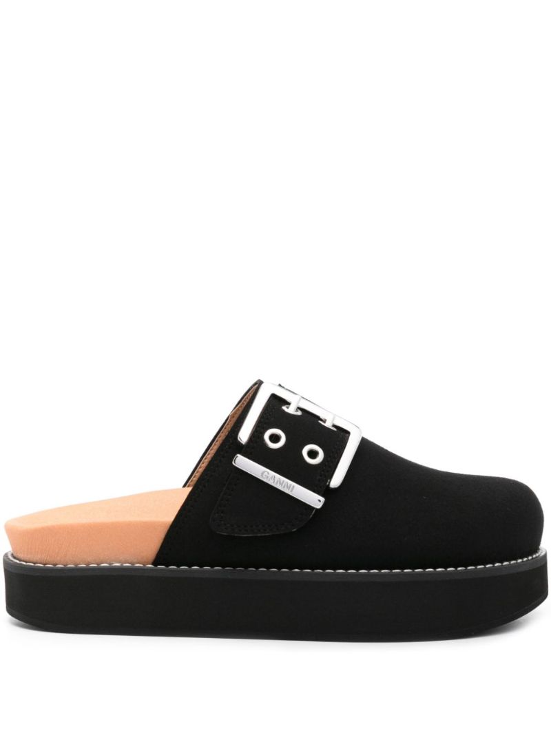 Black Buckled Suede Mules