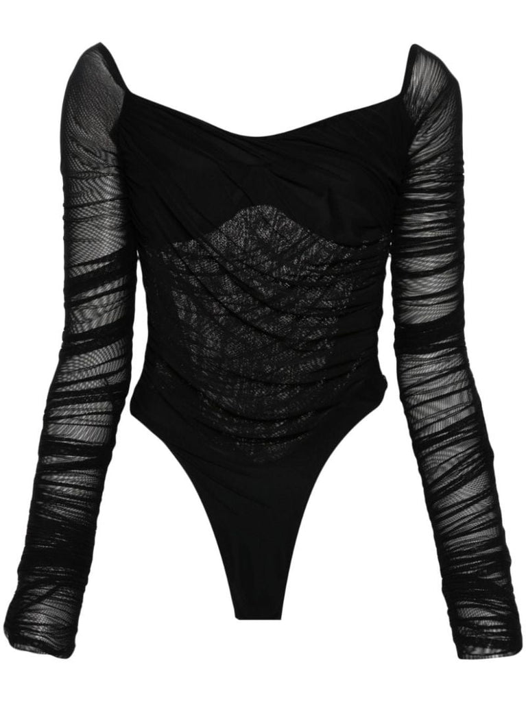Black Semi-sheer Ruched Bodysuit