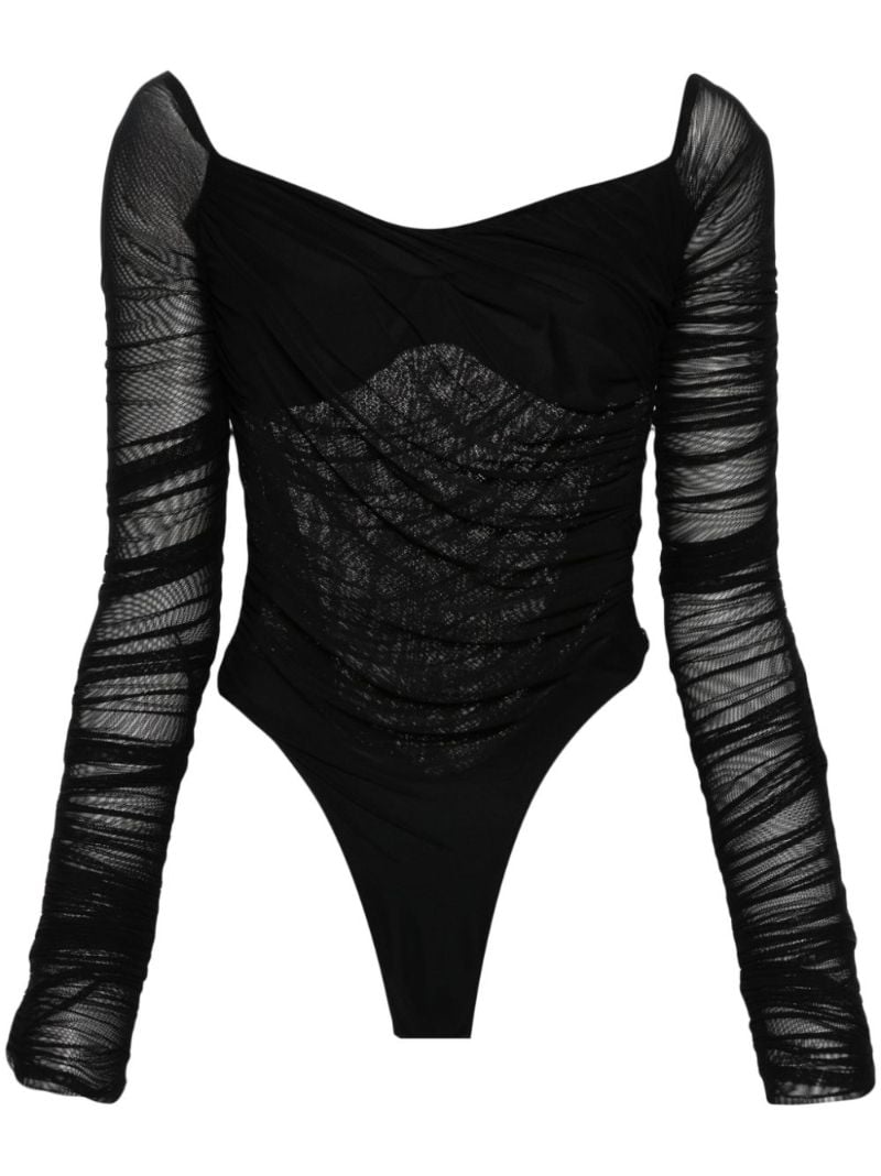 Black Semi-sheer Ruched Bodysuit