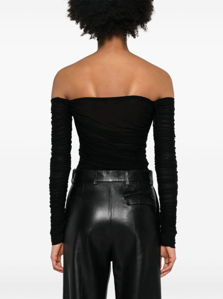 Black Semi-sheer Ruched Bodysuit
