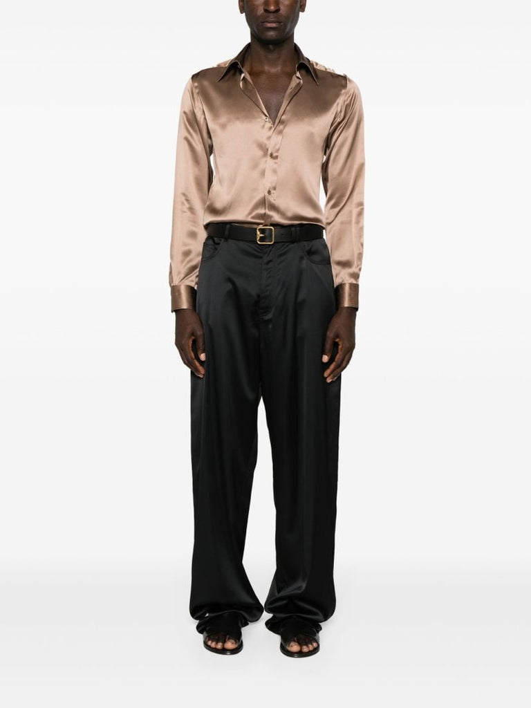 Brown Point-collar Silk Shirt