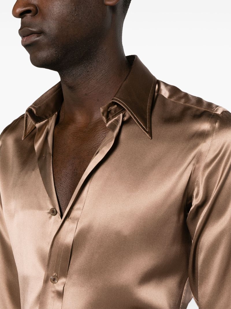 Brown Point-collar Silk Shirt