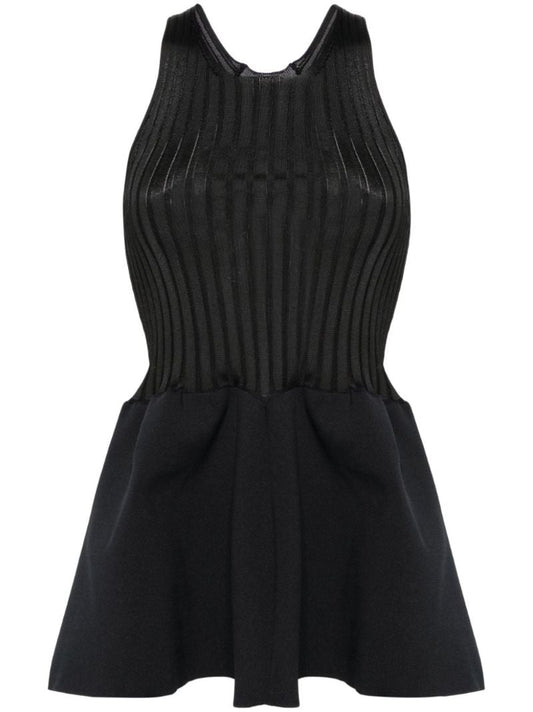 Black Ribbed-knit Peplum Top