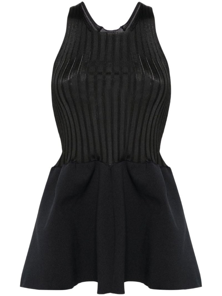 Black Ribbed-knit Peplum Top