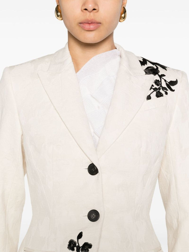 Neutral Floral-embroidered Peplum Blazer