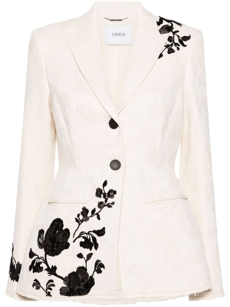 Neutral Floral-embroidered Peplum Blazer