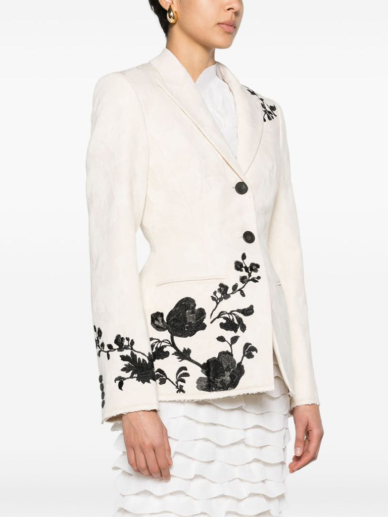 Neutral Floral-embroidered Peplum Blazer