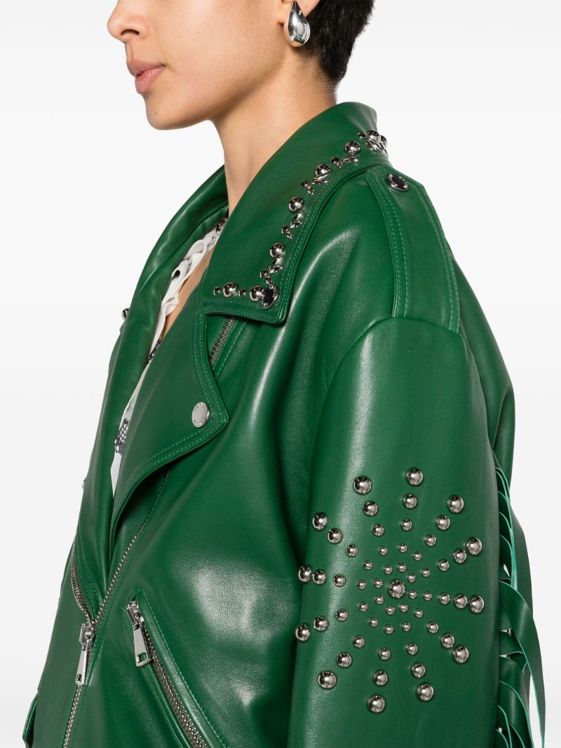 Green Studded Leather Biker Jacket