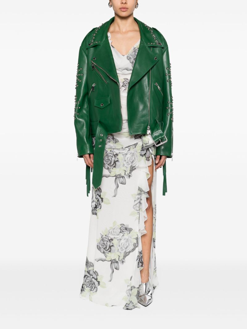 Green Studded Leather Biker Jacket