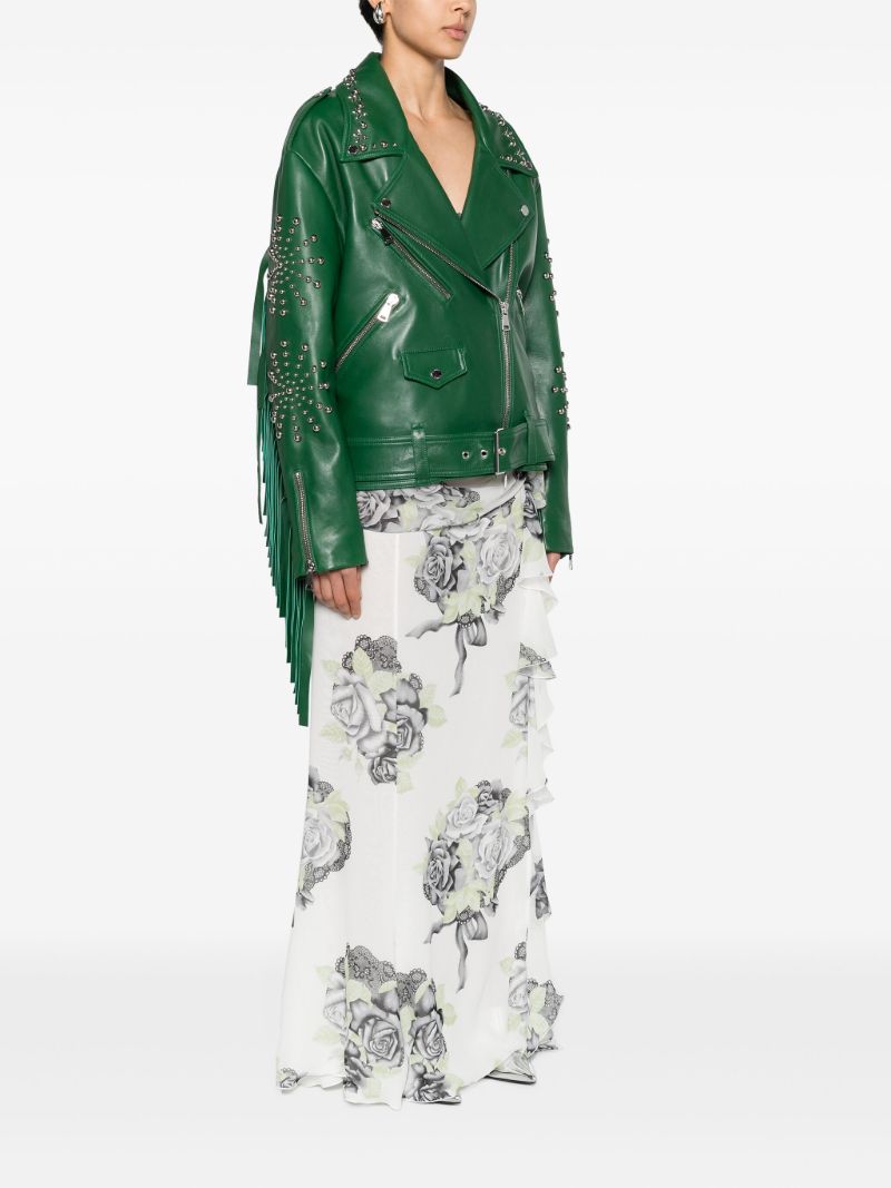Green Studded Leather Biker Jacket
