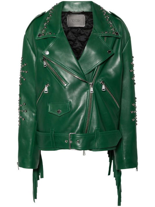 Green Studded Leather Biker Jacket