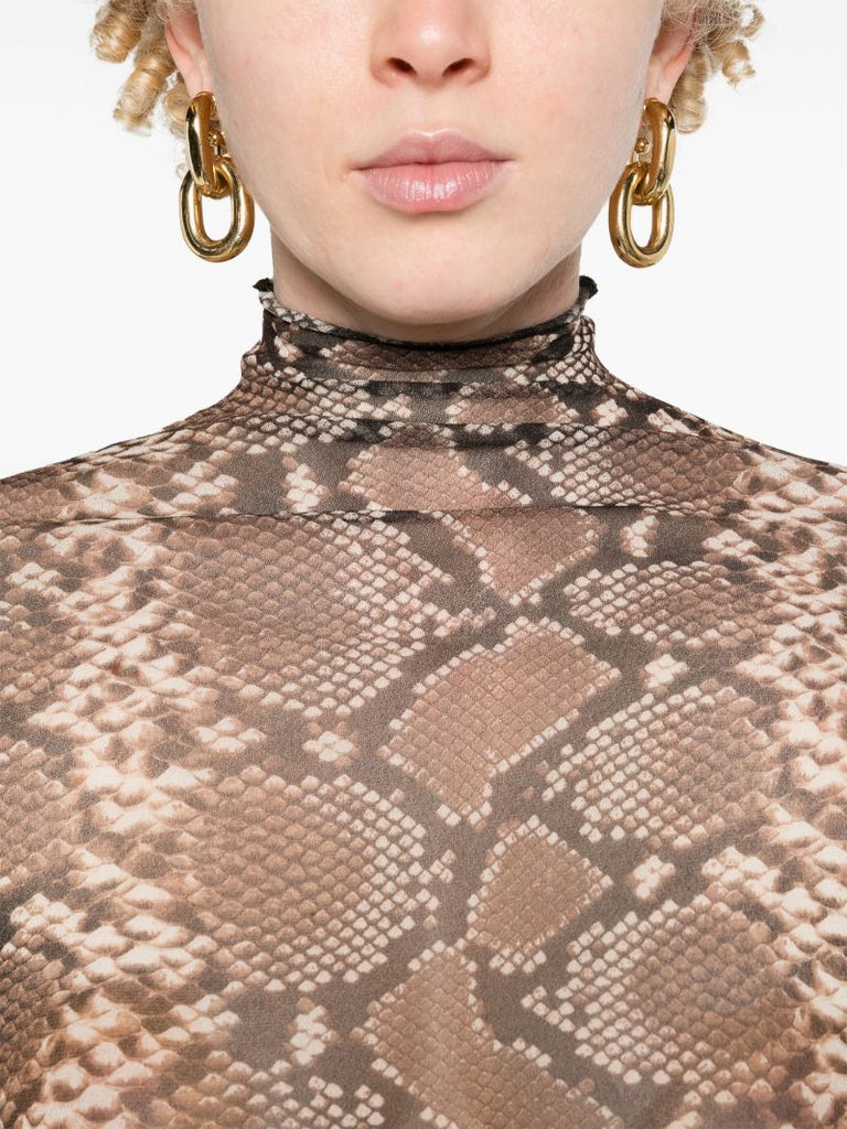 Brown Python-print Silk Top