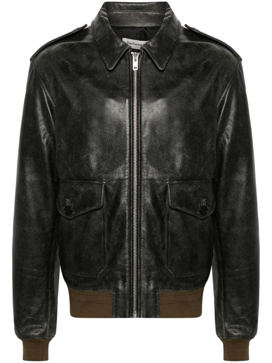 Black Wyatt Leather Bomber Jacket
