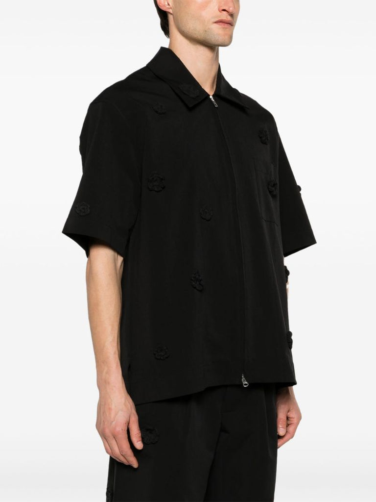 Black Floral-appliquÃ_x0083_Â© Zip-up Shirt
