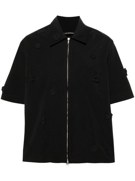 Black Floral-appliquÃ_x0083_Â© Zip-up Shirt