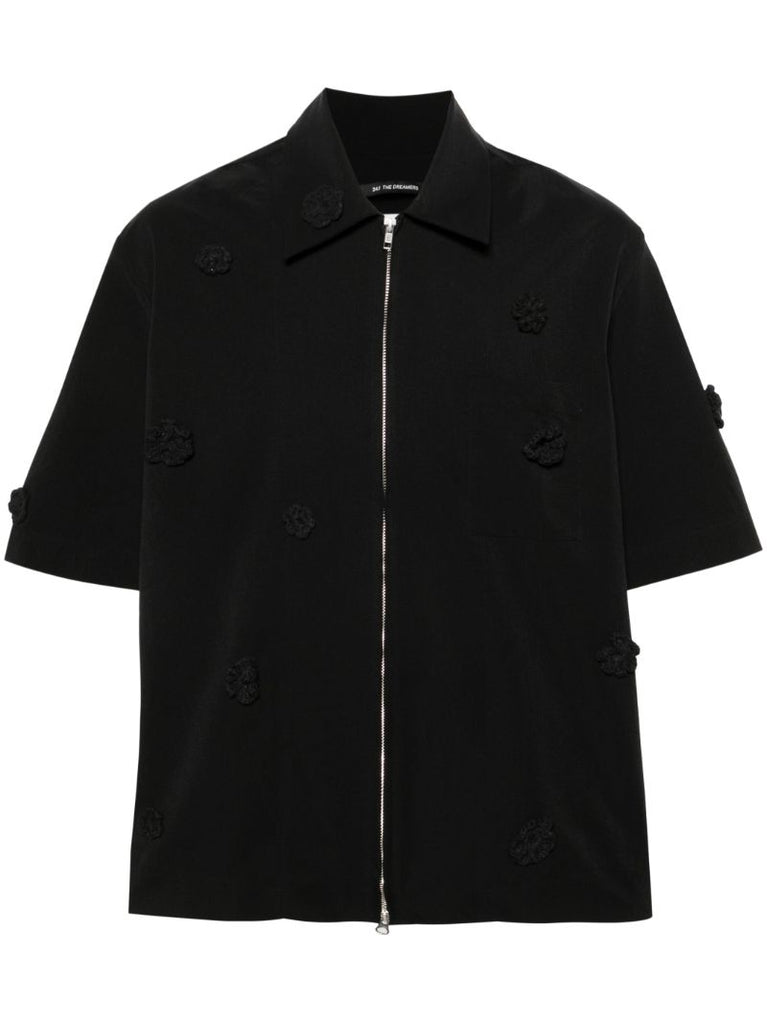 Black Floral-appliquÃ_x0083_Â© Zip-up Shirt