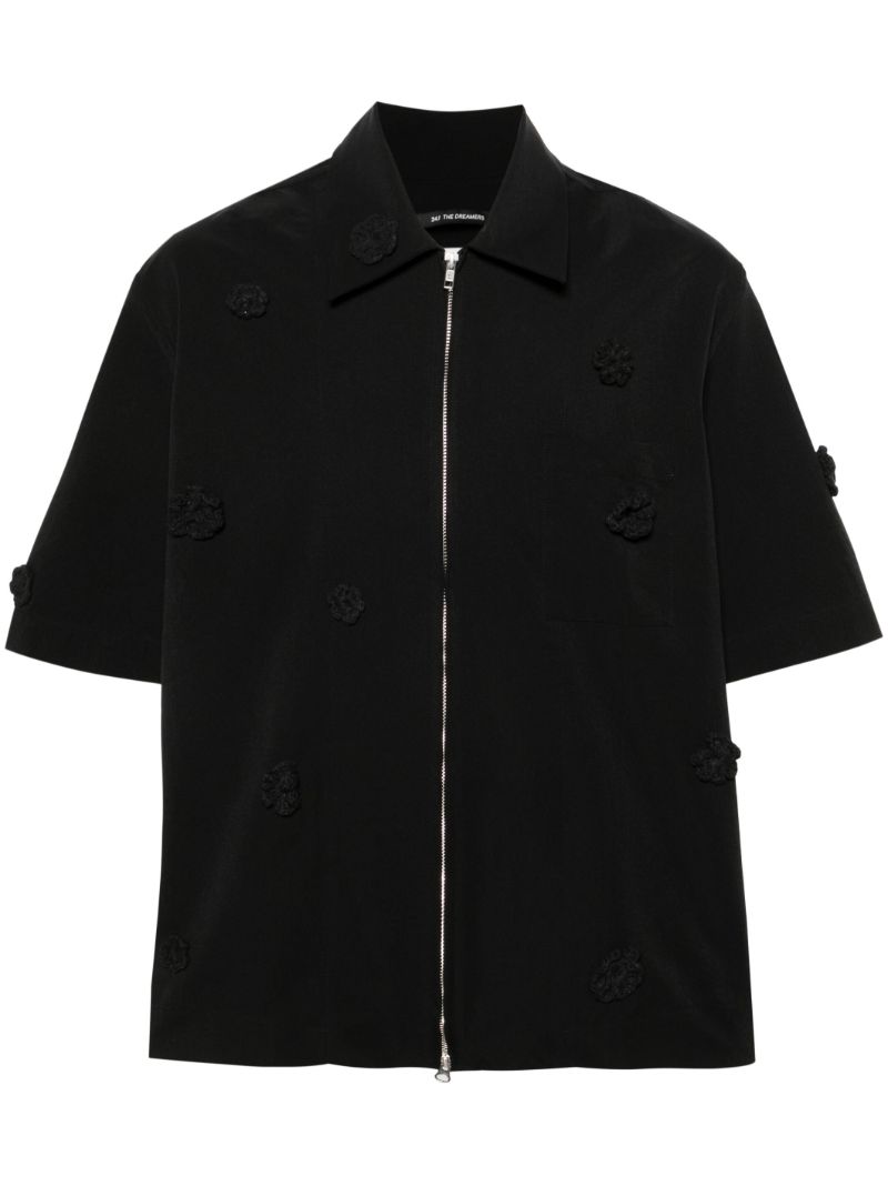 Black Floral-appliquÃ_x0083_Â© Zip-up Shirt