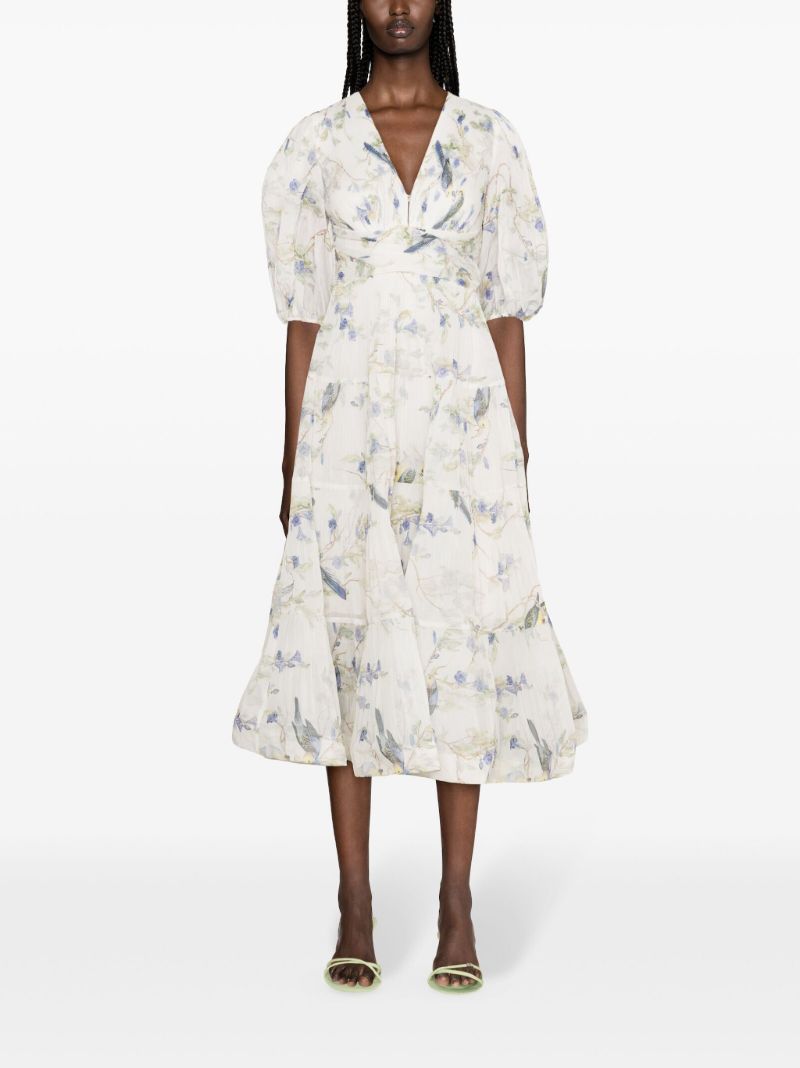 White Printed Pleated Midi Dress