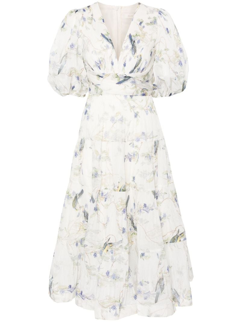 White Printed Pleated Midi Dress