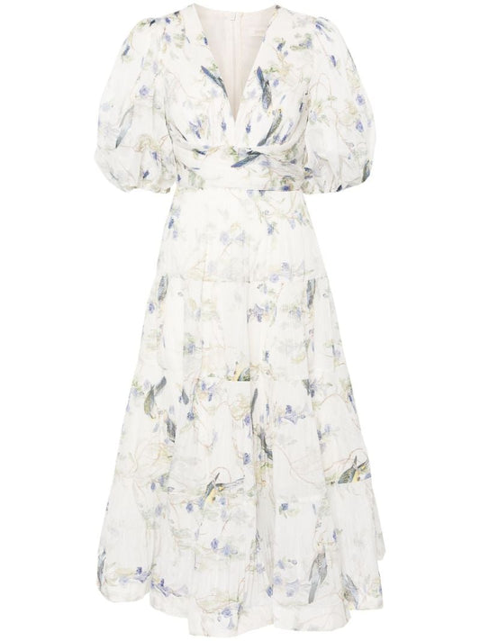White Printed Pleated Midi Dress