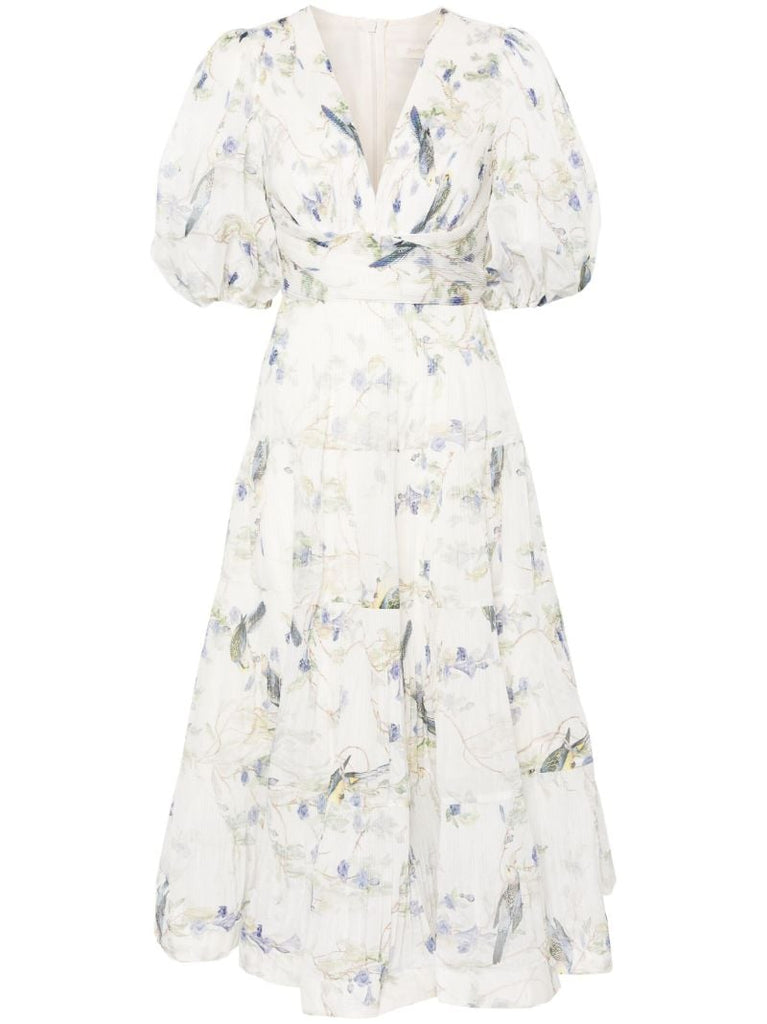 White Printed Pleated Midi Dress