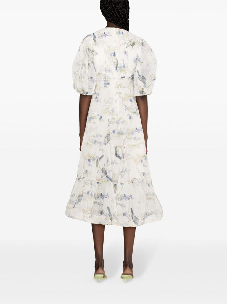 White Printed Pleated Midi Dress