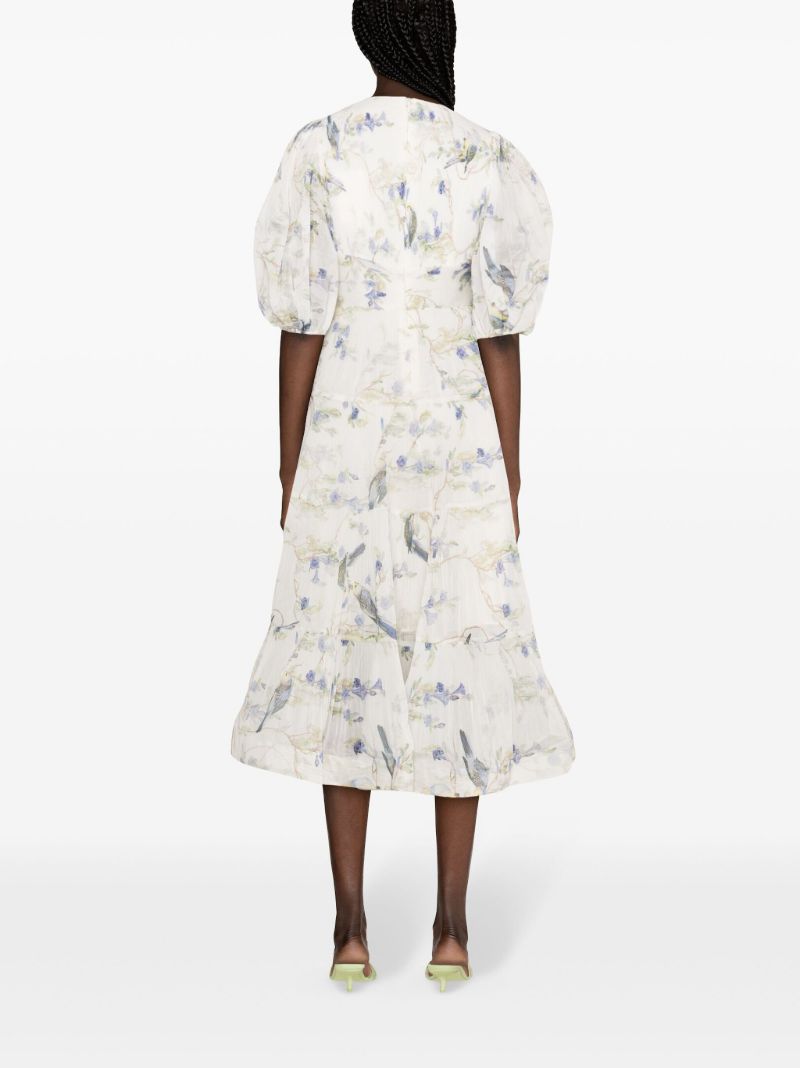 White Printed Pleated Midi Dress
