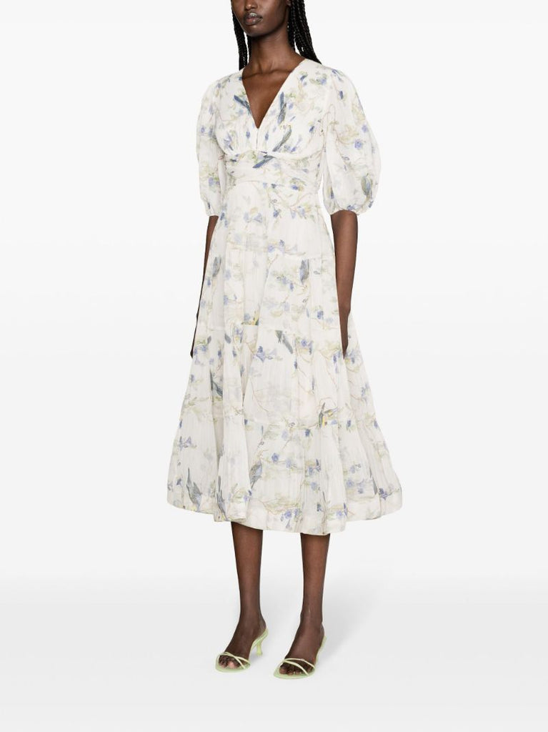 White Printed Pleated Midi Dress