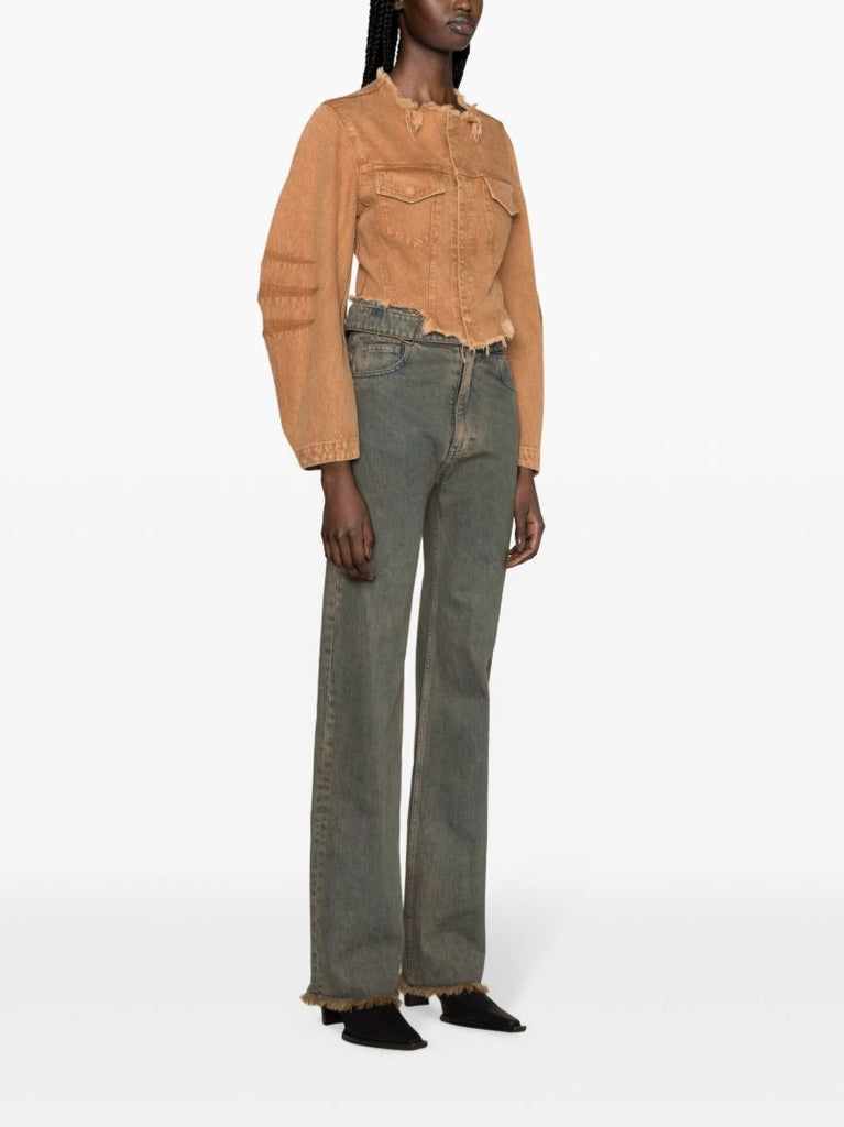 Brown Frayed Cropped Denim Jacket