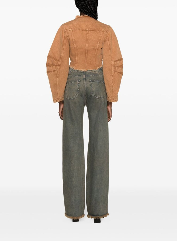 Brown Frayed Cropped Denim Jacket