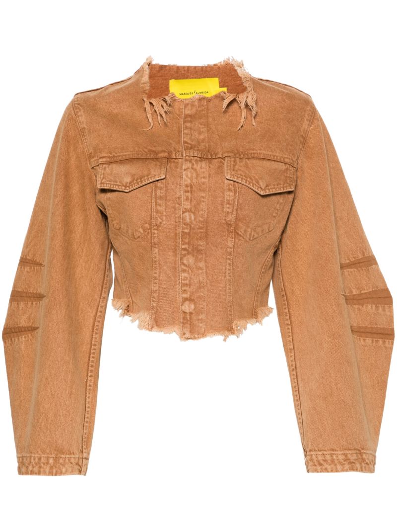 Brown Frayed Cropped Denim Jacket