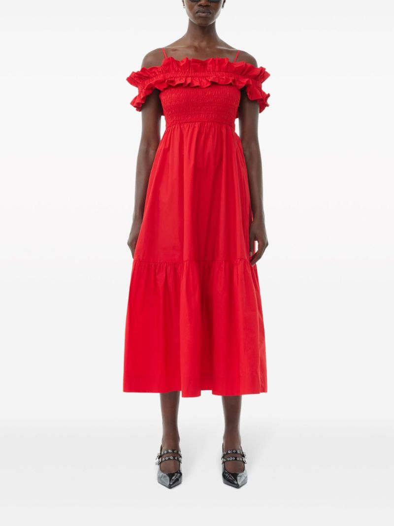 Red Ruffled Poplin Midi Dress