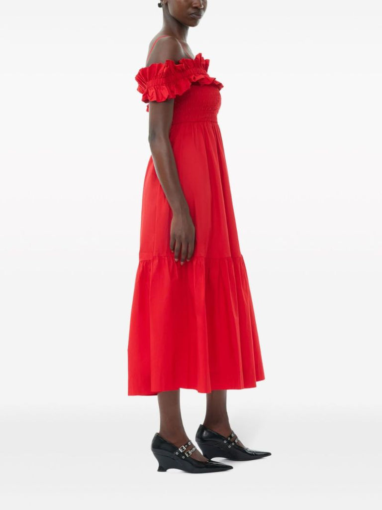 Red Ruffled Poplin Midi Dress
